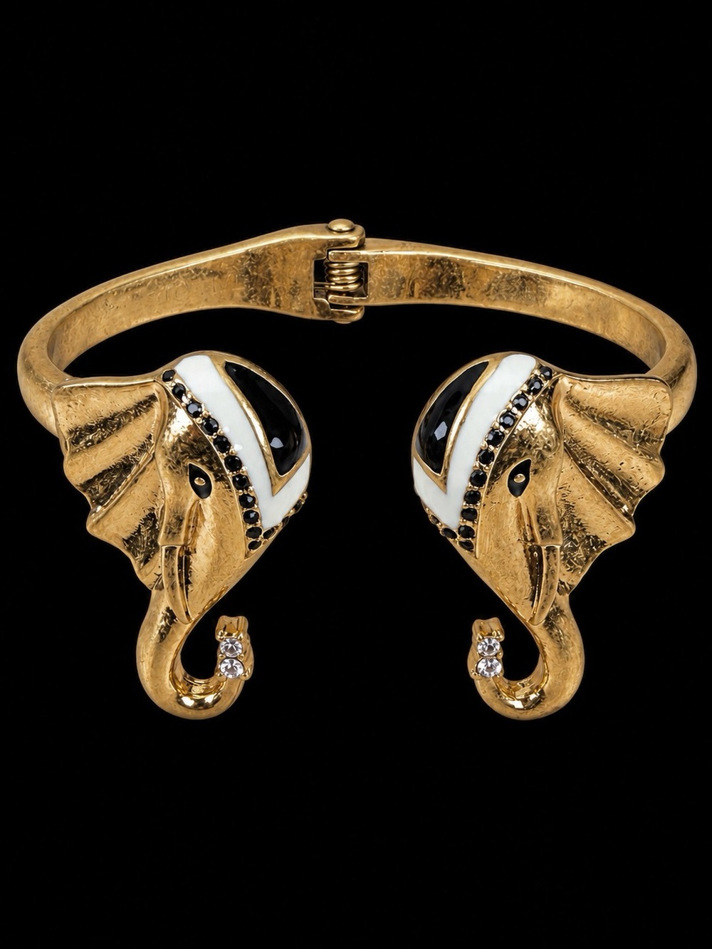 Talbots Gold Tone Elephant Hinged Cuff Black White Enamel Statement Bracelet